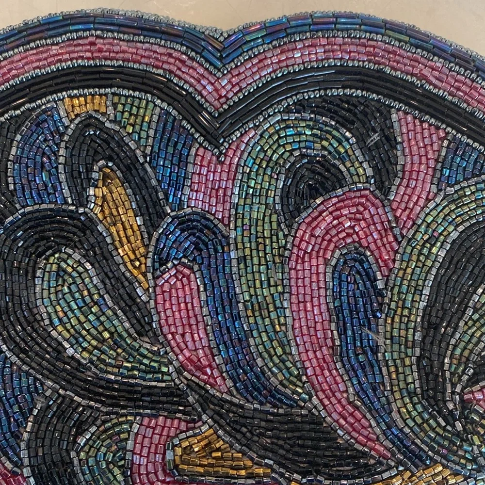 Vintage Beaded Clutch.  Multi‎ cColors on Front, Grey on Back.  Tassels.